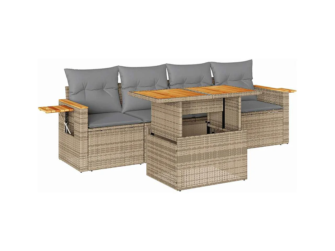 Salon de jardin avec coussins 5 pcs beige résine tressée acacia
