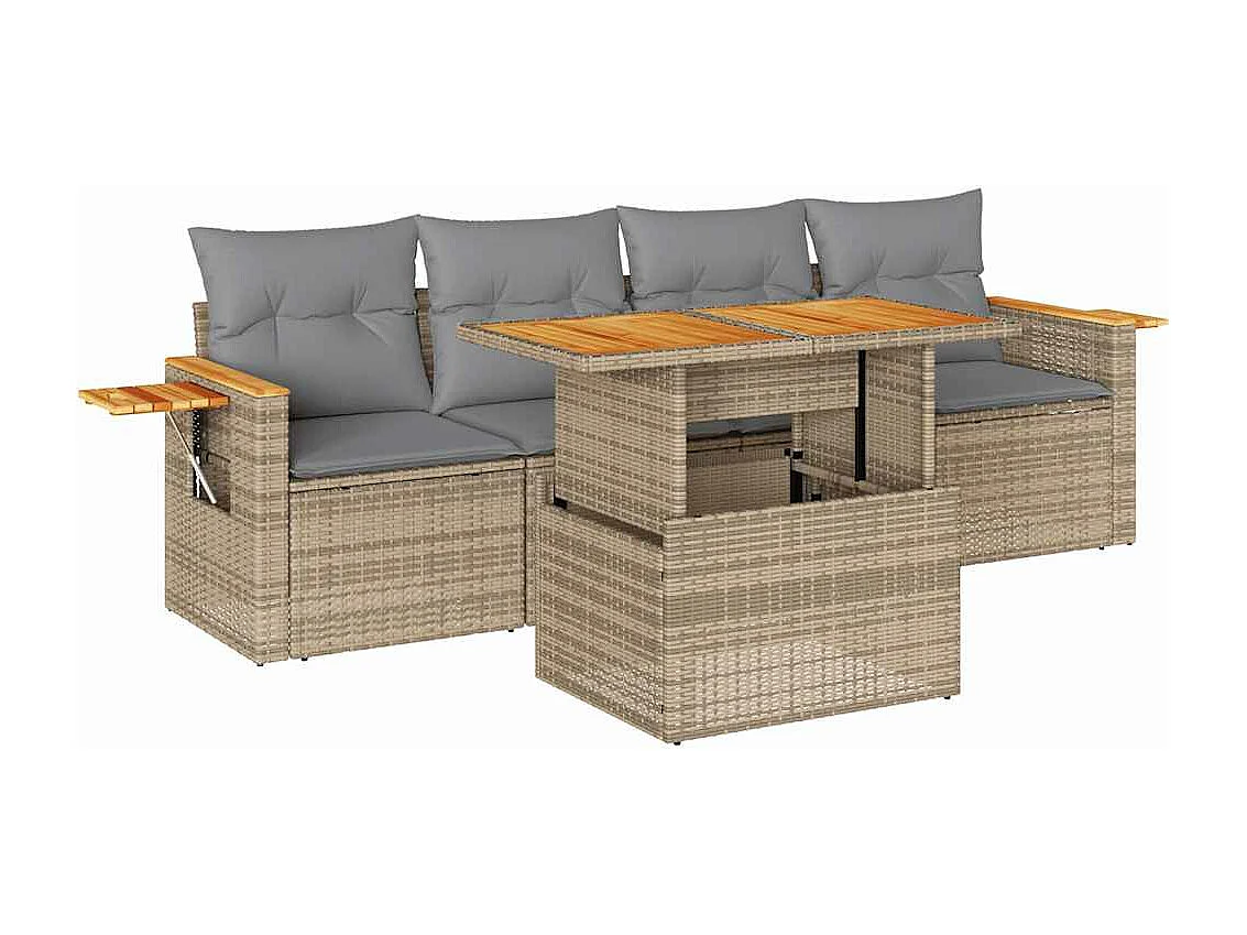 5-tlg. Garten-Sofagarnitur mit Kissen Beige Poly Rattan Akazie