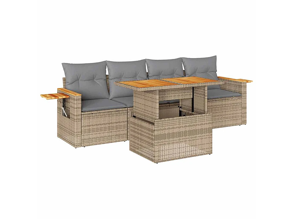 Salon de jardin avec coussins 5 pcs beige résine tressée acacia