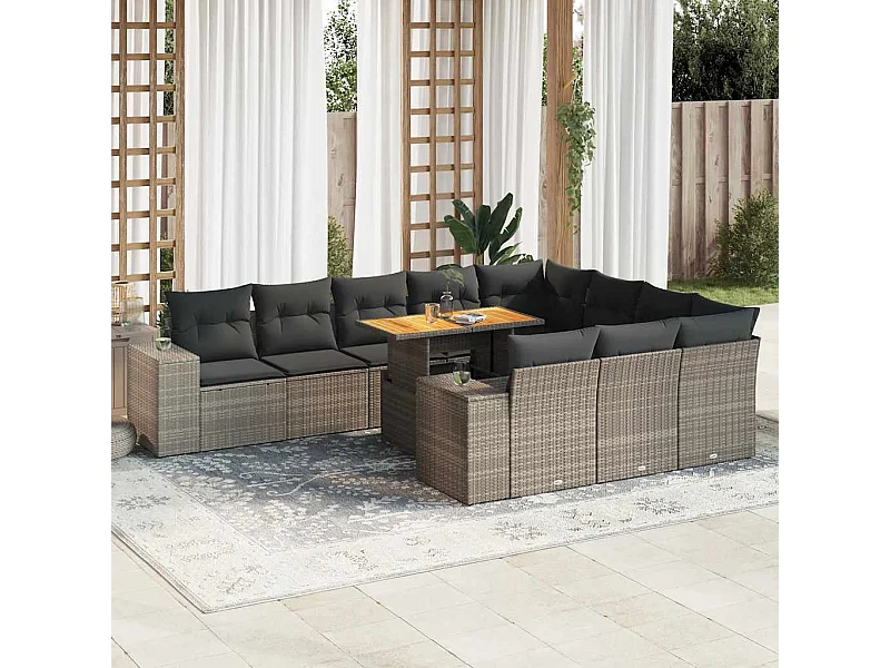 Salon de jardin avec coussins 10 pcs gris résine tressée acacia