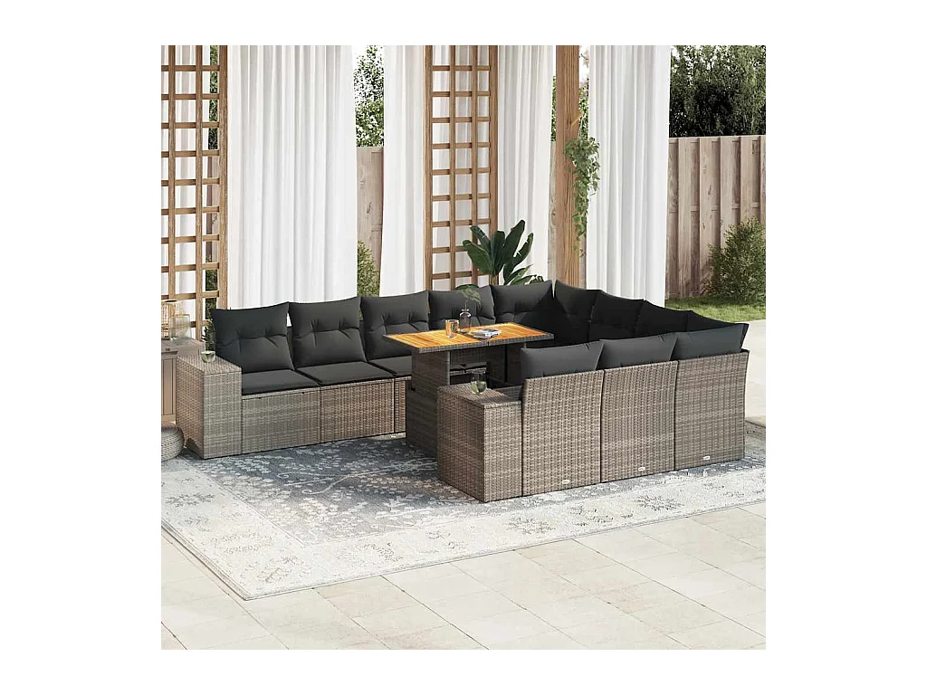 Salon de jardin avec coussins 10 pcs gris résine tressée acacia