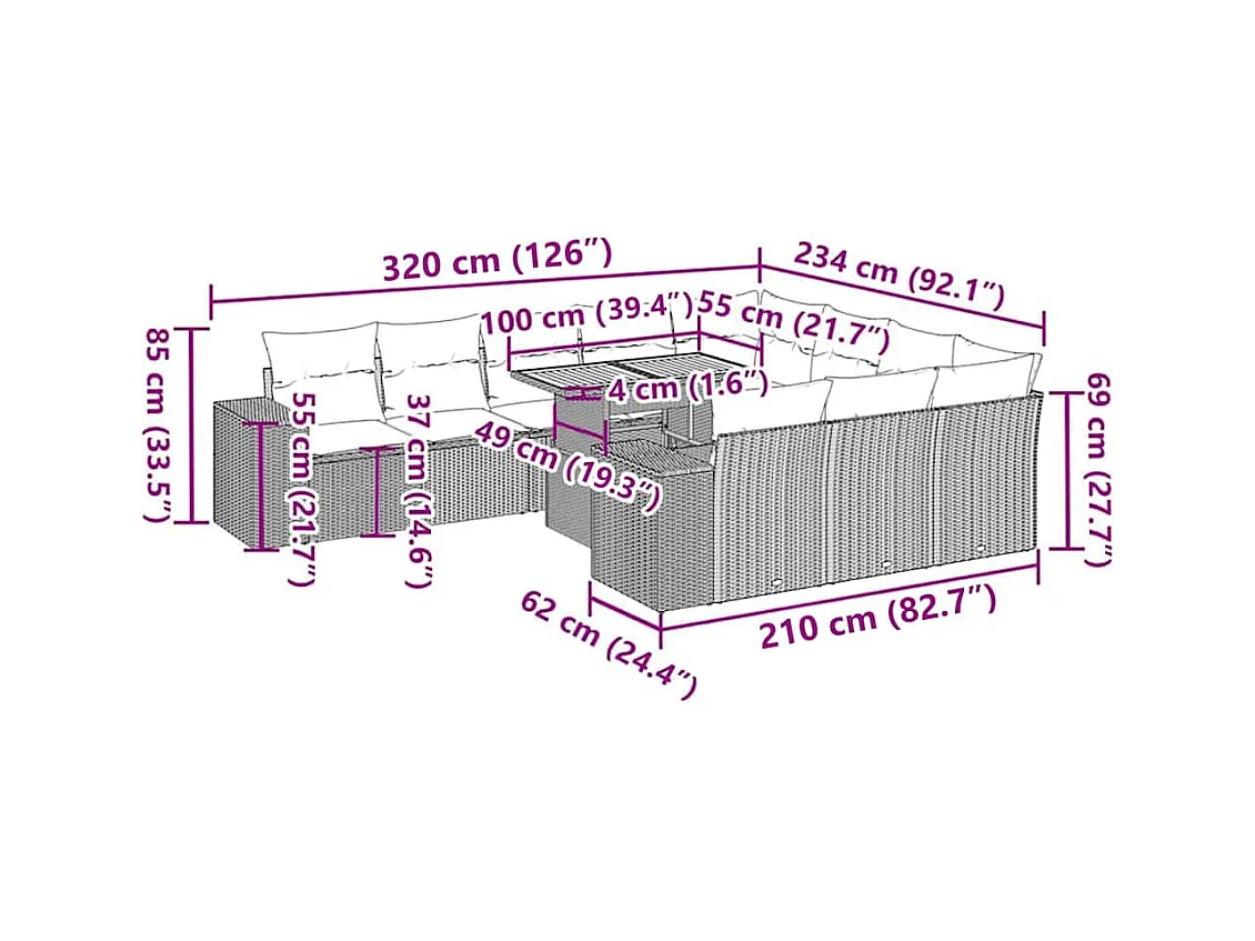 Salon de jardin avec coussins 10 pcs gris résine tressée acacia