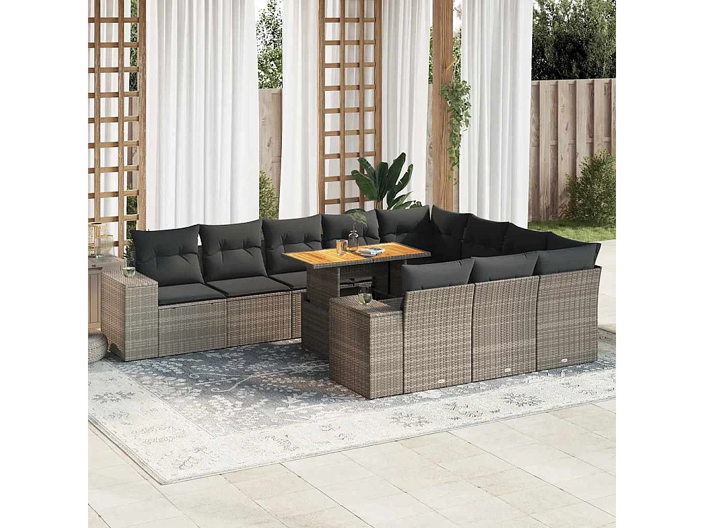Salon de jardin avec coussins 10 pcs gris résine tressée acacia
