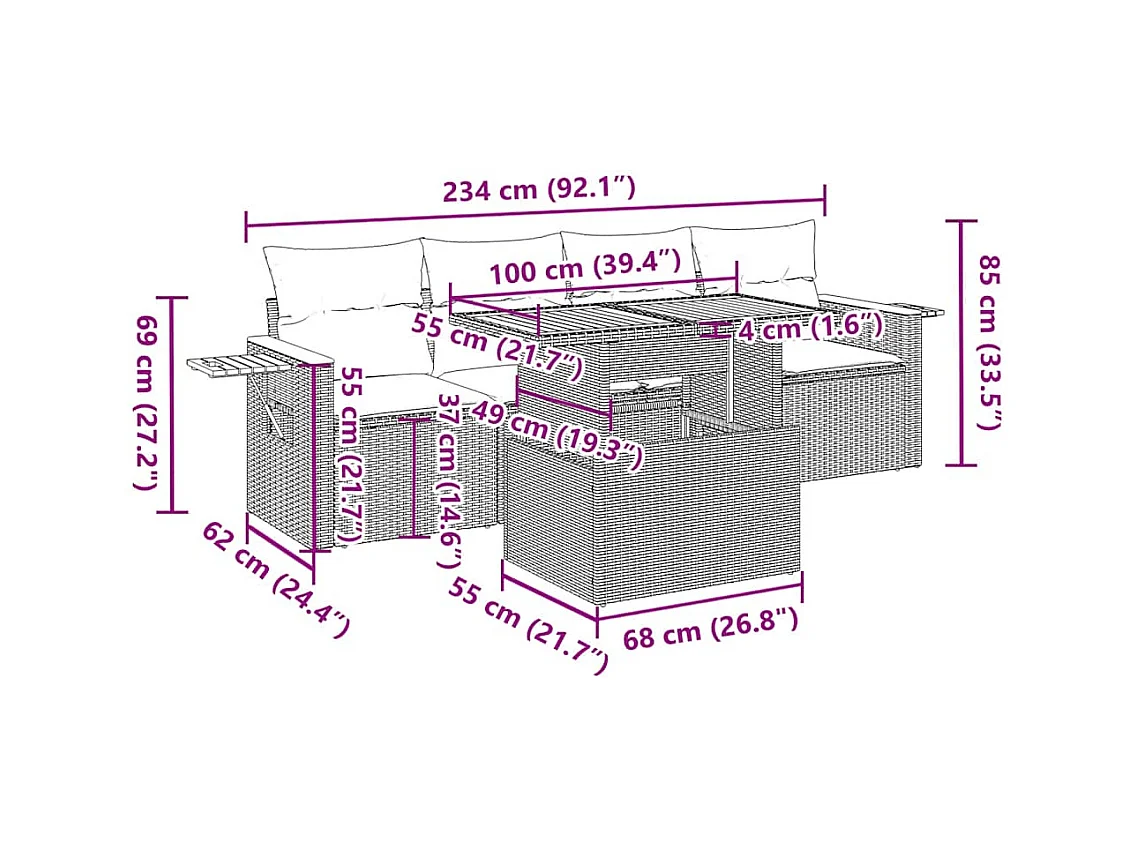5 pcs conjunto sofás de jardim com almofadões acácia e vime PE