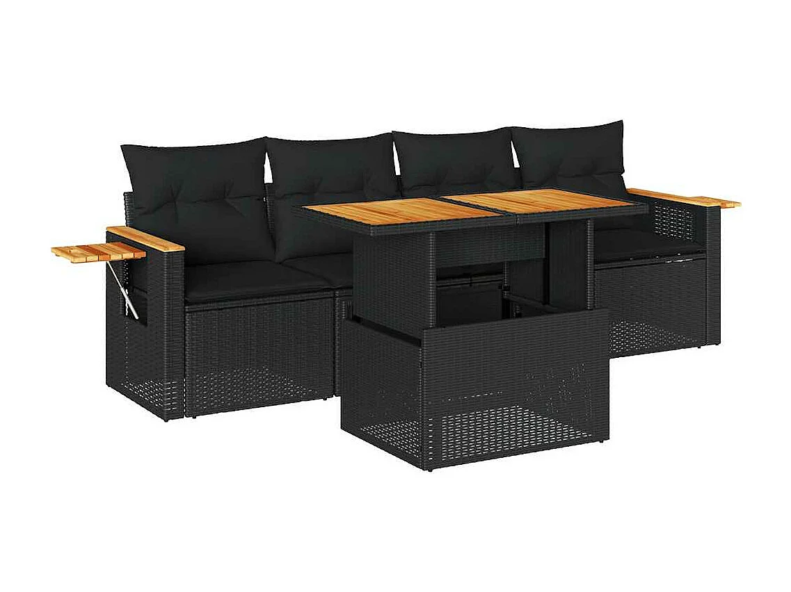 Salon de jardin 5 pcs avec coussins noir résine tressée acacia