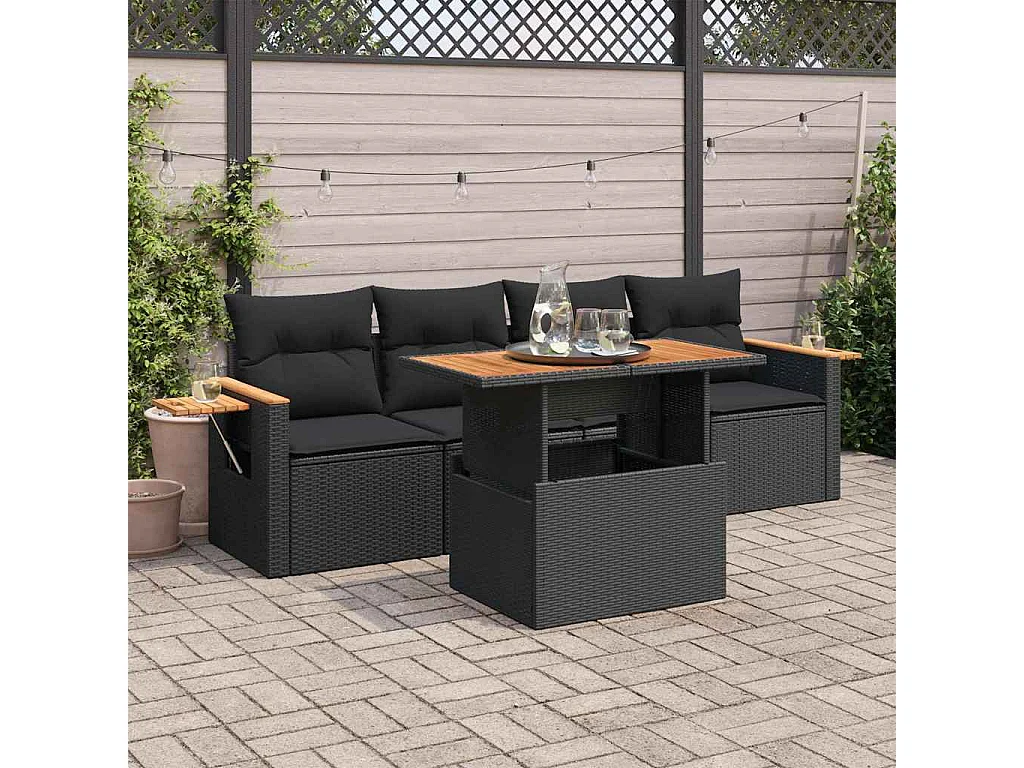 5-delige Loungeset met kussens poly rattan acacia zwart