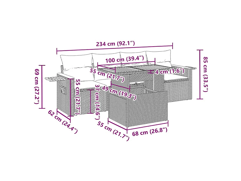 5-delige Loungeset met kussens poly rattan acacia zwart