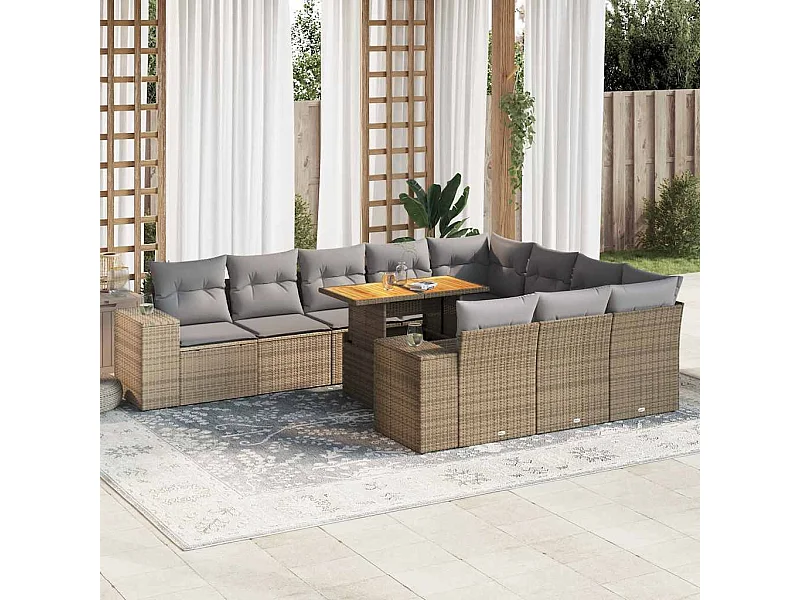 Salon de jardin avec coussins 10pcs beige résine tressée acacia