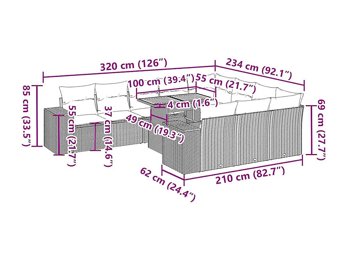 10-tlg. Garten-Sofagarnitur mit Kissen Beige Poly Rattan Akazie