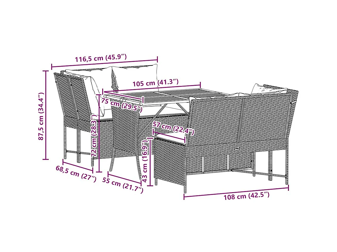 Salon de jardin avec coussins 3 pcs gris résine tressée