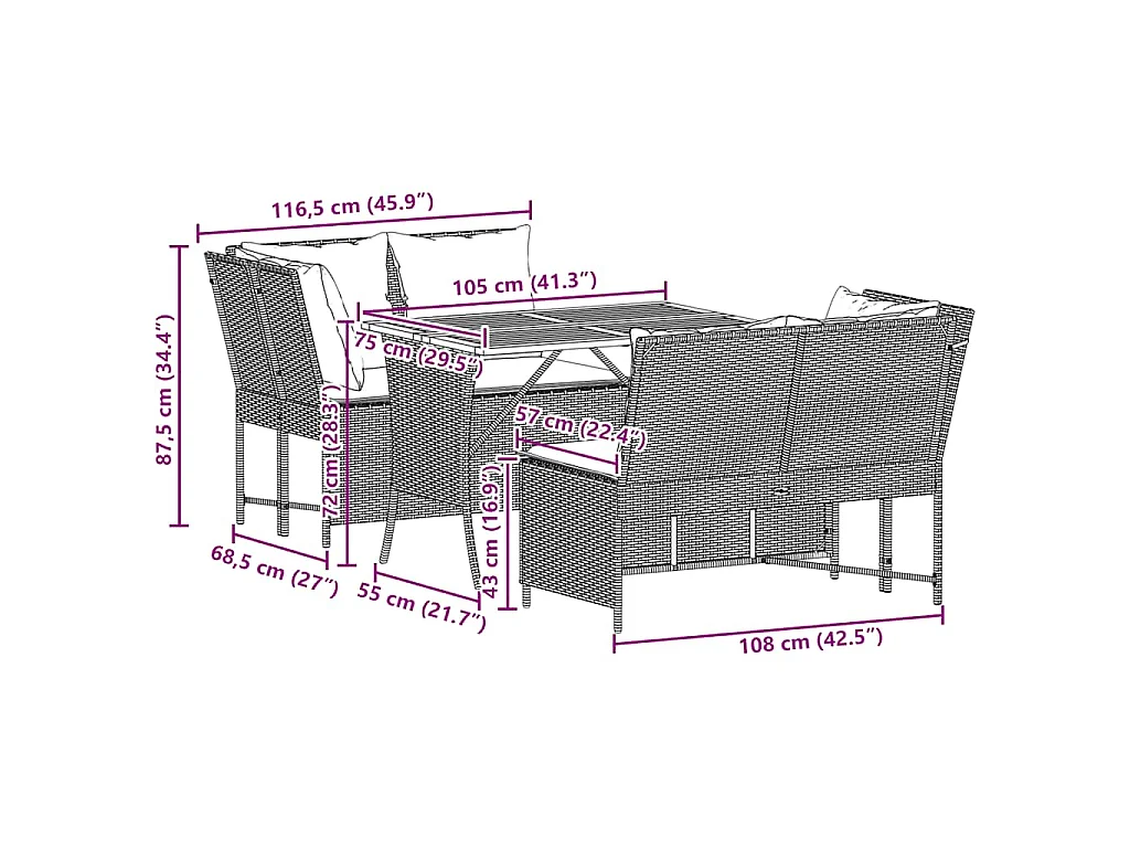 Set Divani da Giardino 3 pz con Cuscini Grigio in Polyrattan