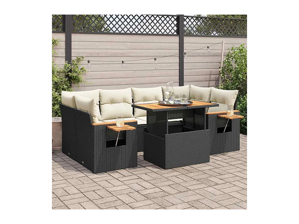 Salon de jardin avec coussins 7 pcs noir résine tressée acacia