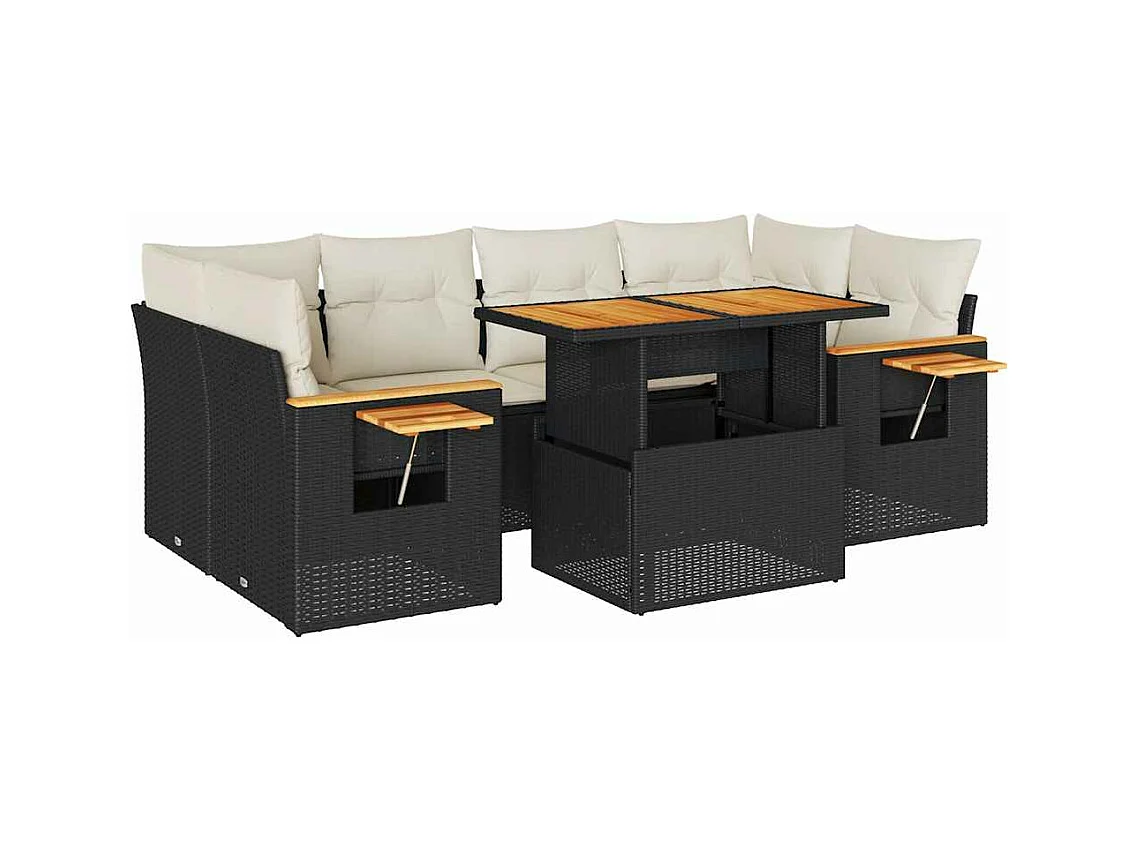 Salon de jardin avec coussins 7 pcs noir résine tressée acacia