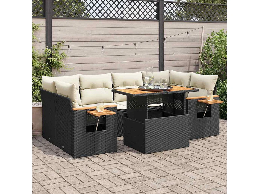 Set sofás jardín y cojines 7 pzas ratán sintético acacia negro