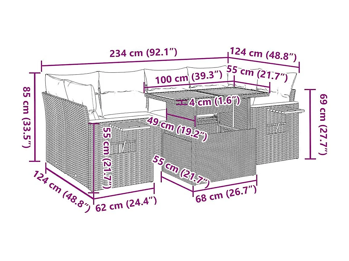 7-tlg. Garten-Sofagarnitur mit Kissen Schwarz Poly Rattan