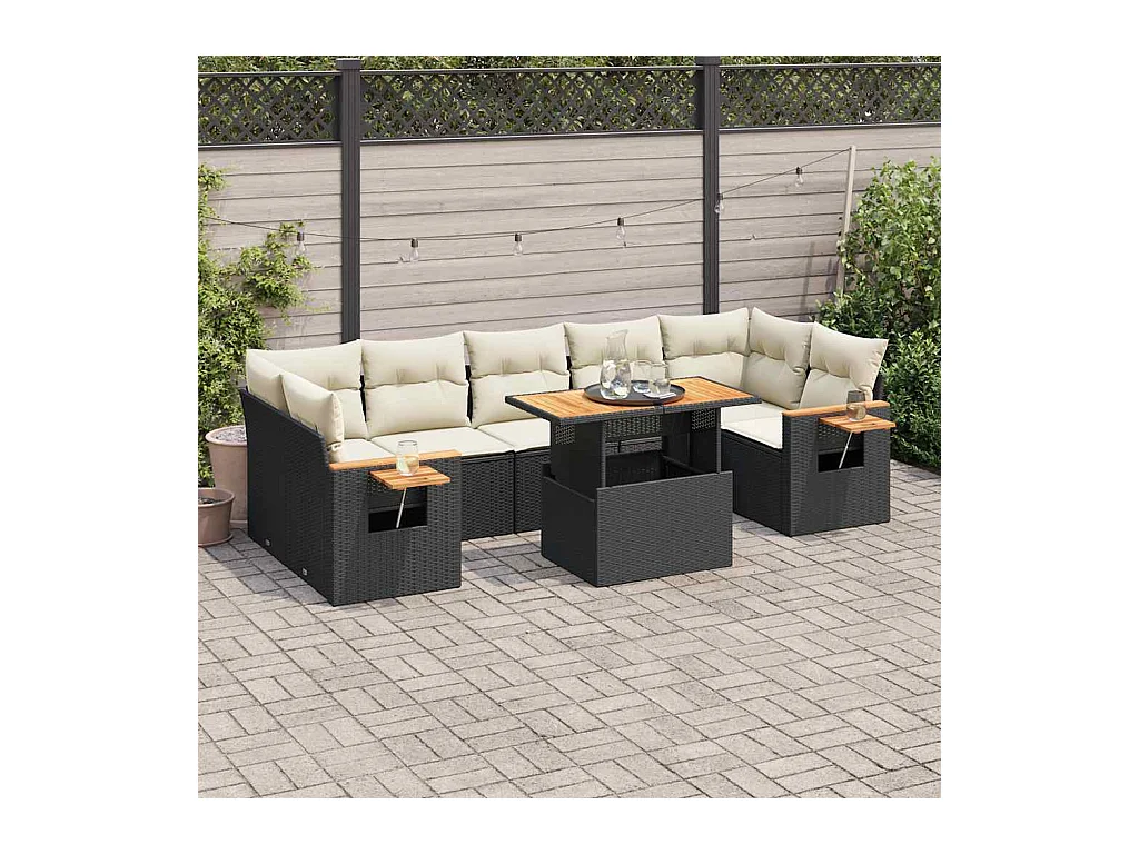 Salon de jardin avec coussins 8 pcs noir résine tressée acacia