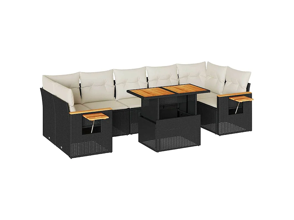 Set sofás jardín y cojines 8 pzas ratán sintético acacia negro