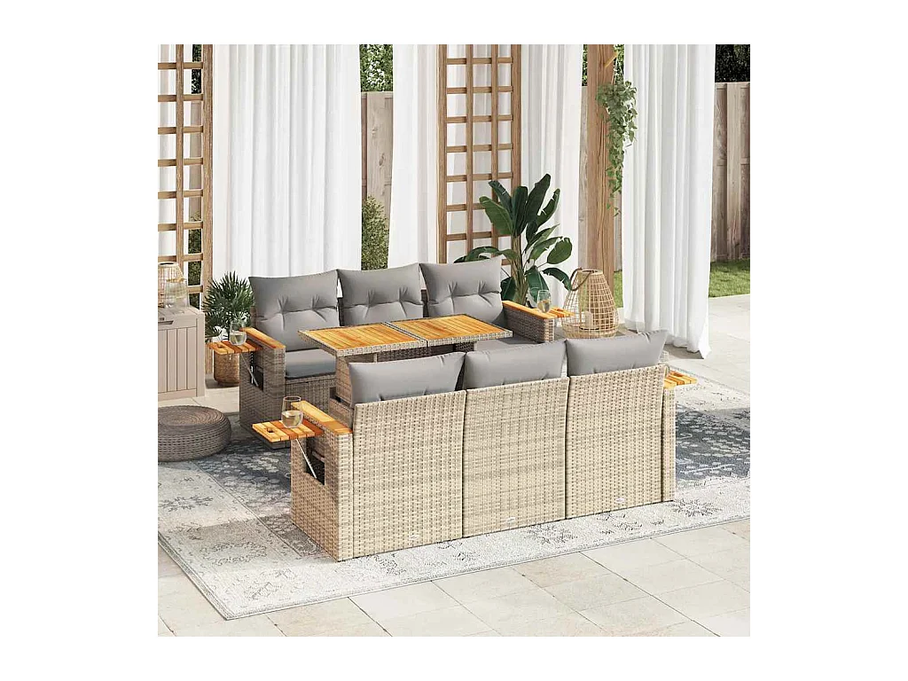 Salon de jardin avec coussins 7 pcs beige résine tressée acacia
