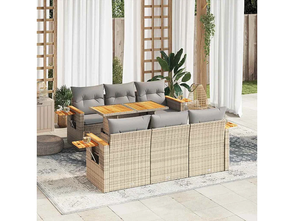 Salon de jardin avec coussins 7 pcs beige résine tressée acacia