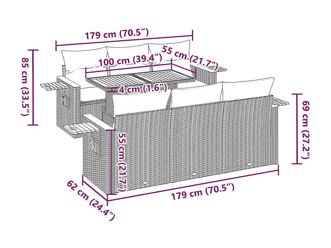 Salon de jardin avec coussins 7 pcs beige résine tressée acacia