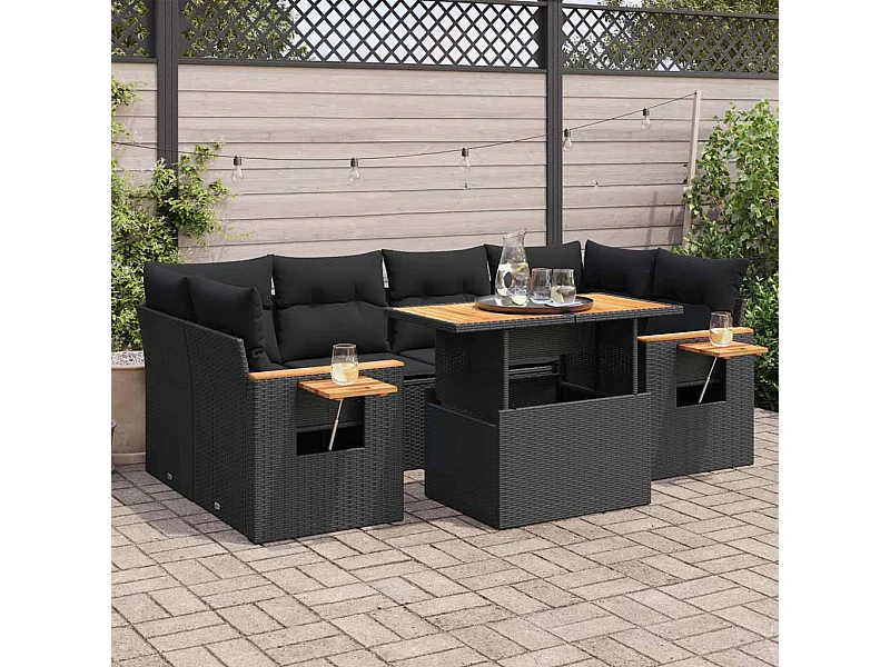 Salon de jardin avec coussins 7 pcs noir résine tressée acacia