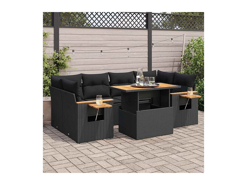 Salon de jardin avec coussins 7 pcs noir résine tressée acacia