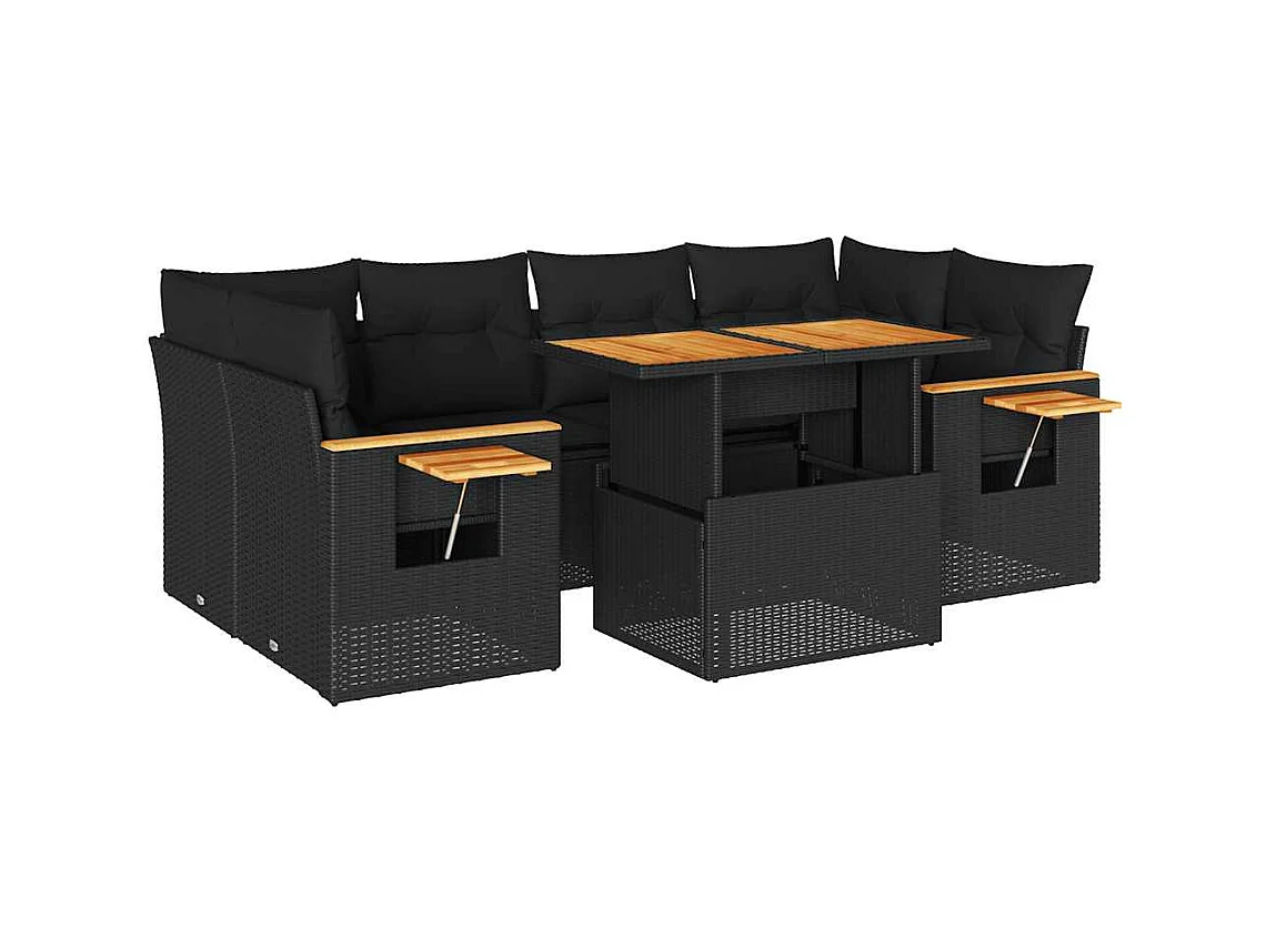 Salon de jardin avec coussins 7 pcs noir résine tressée acacia