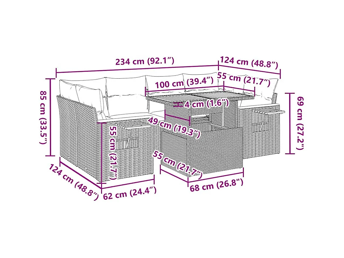 Salon de jardin avec coussins 7 pcs noir résine tressée acacia