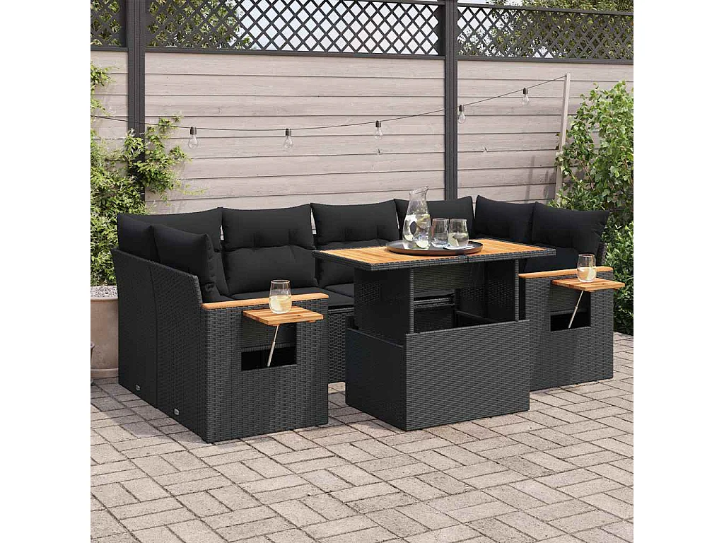 Salon de jardin avec coussins 7 pcs noir résine tressée acacia