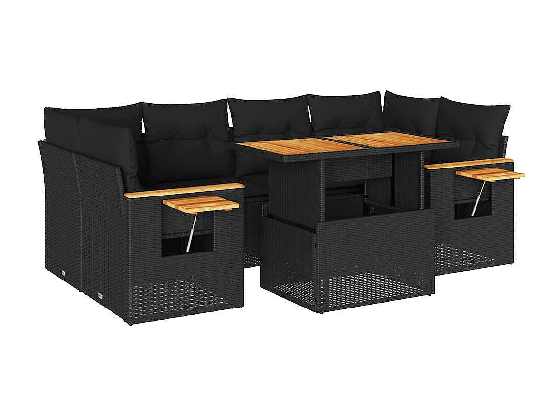 Salon de jardin avec coussins 7 pcs noir résine tressée acacia