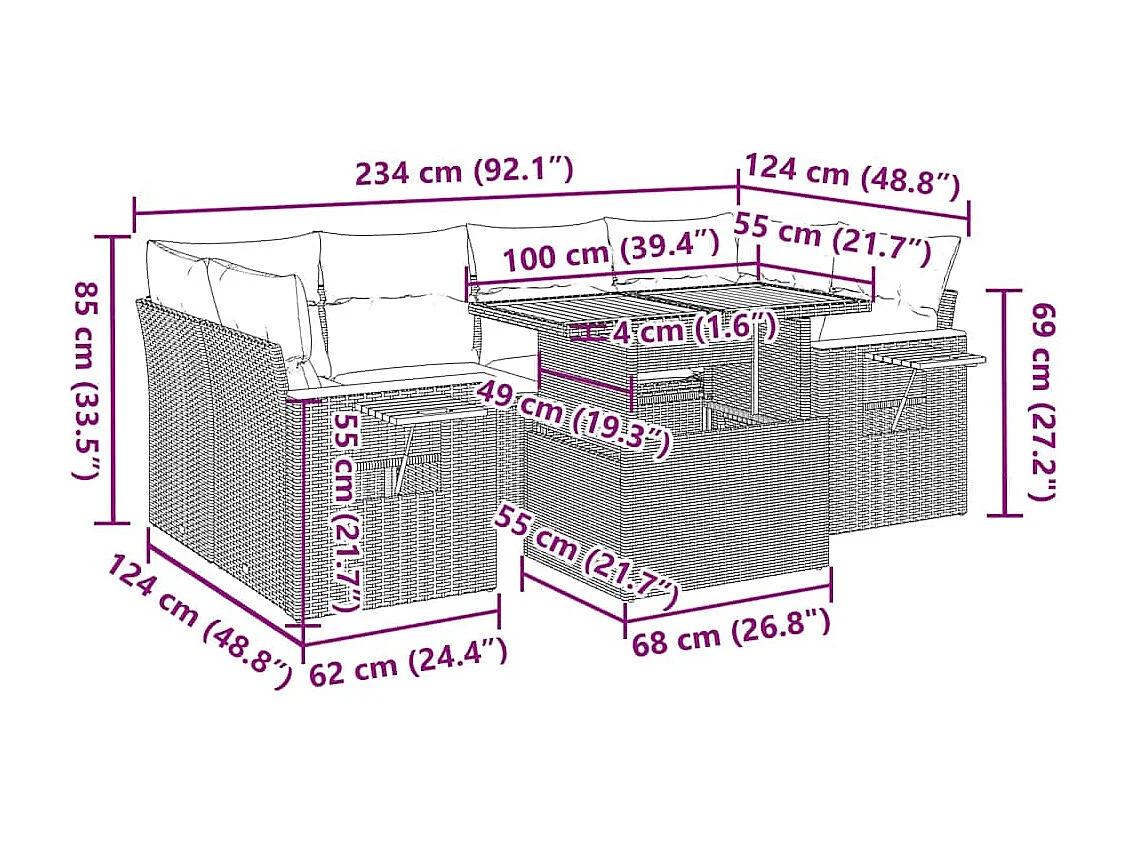 Salon de jardin avec coussins 7 pcs noir résine tressée acacia