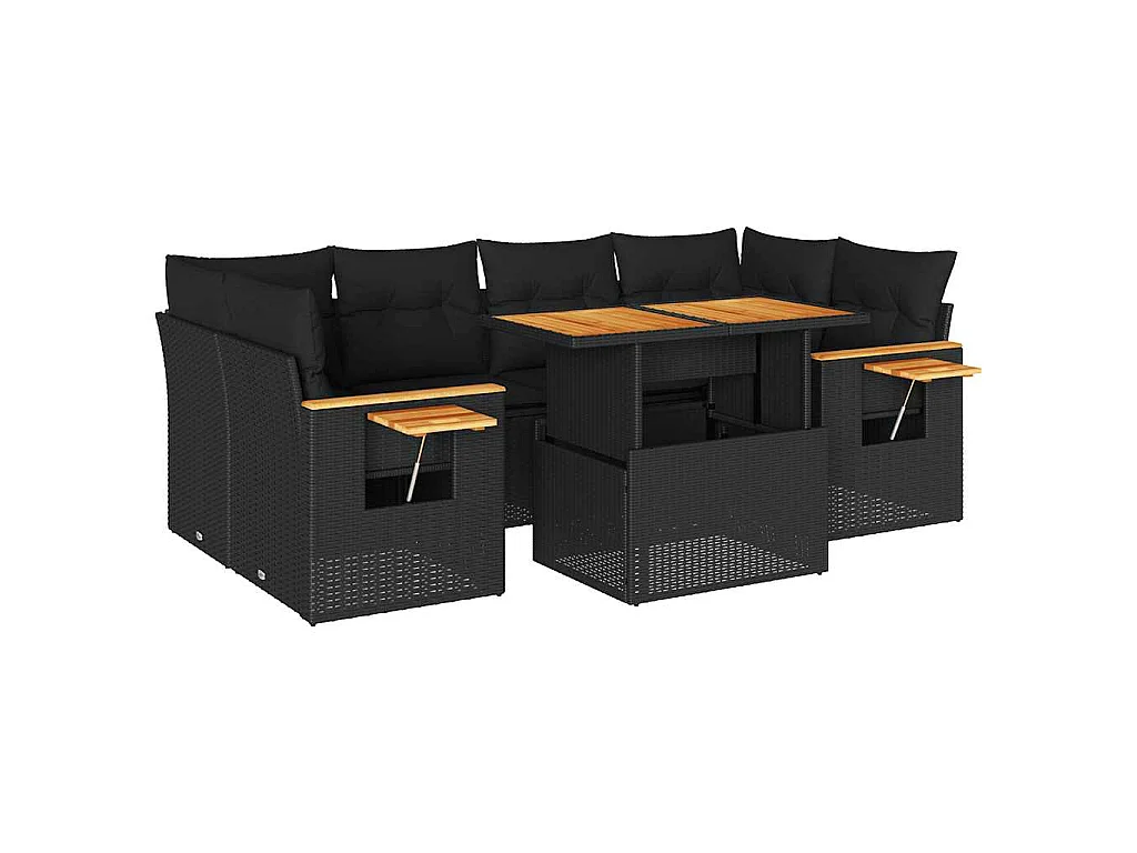 7-tlg. Garten-Sofagarnitur mit Kissen Schwarz Poly Rattan