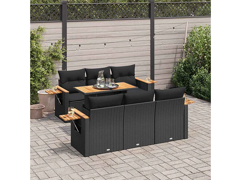 Salon de jardin avec coussins 7 pcs noir résine tressée acacia