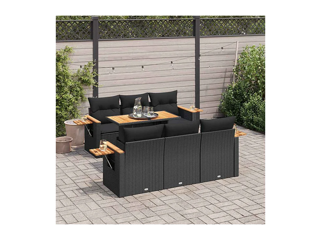 Salon de jardin avec coussins 7 pcs noir résine tressée acacia