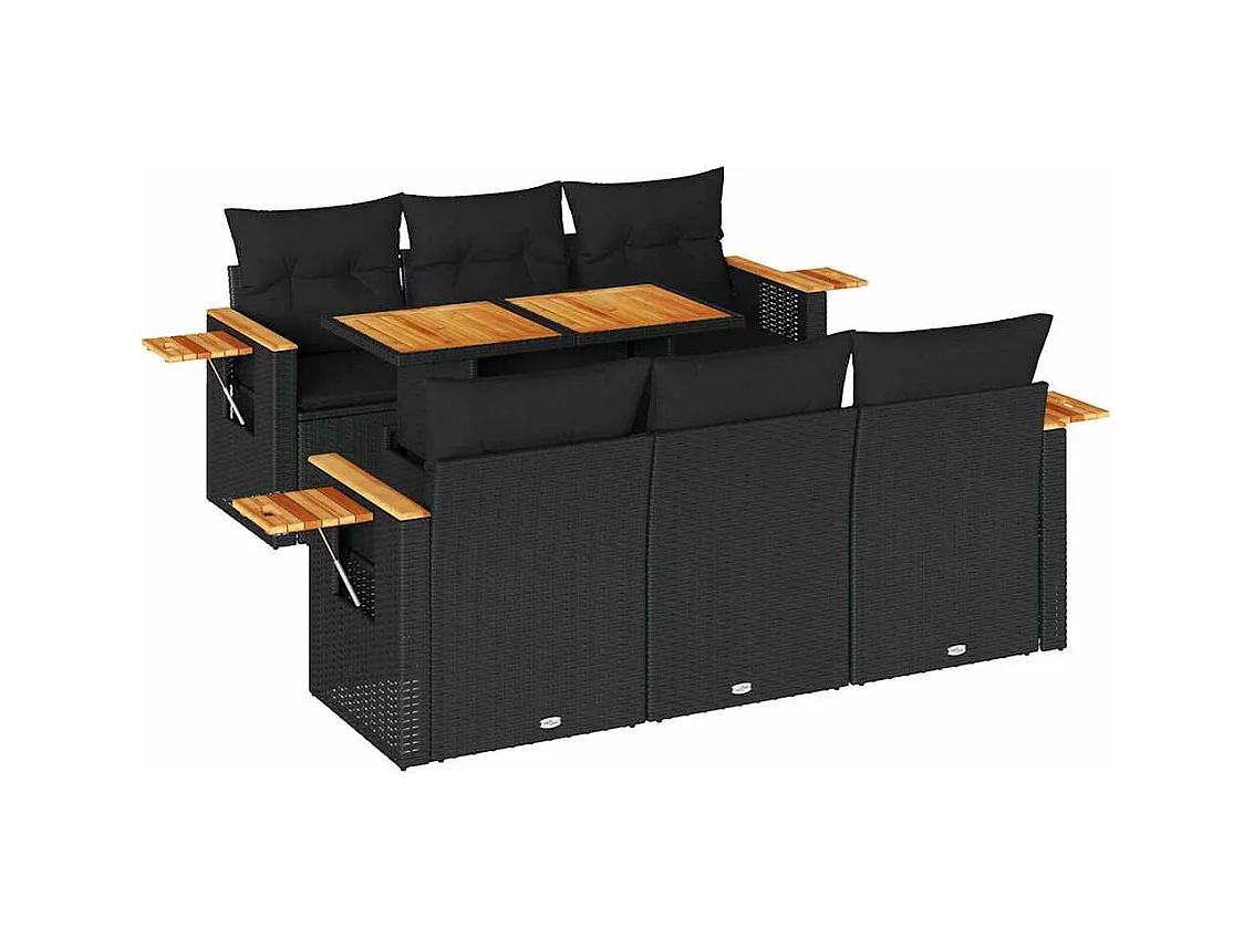 Salon de jardin avec coussins 7 pcs noir résine tressée acacia