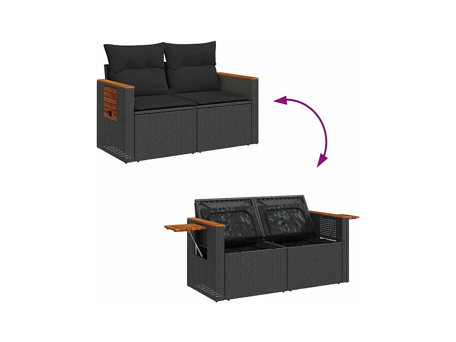Salon de jardin avec coussins 7 pcs noir résine tressée acacia
