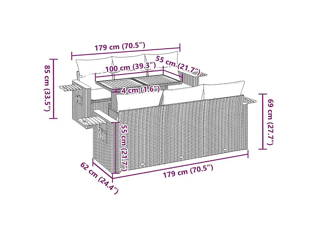 7-delige Loungeset met kussens poly rattan acacia zwart