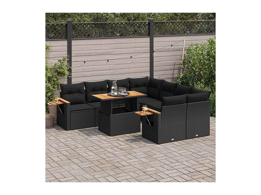 Salon de jardin avec coussins 9 pcs noir résine tressée acacia
