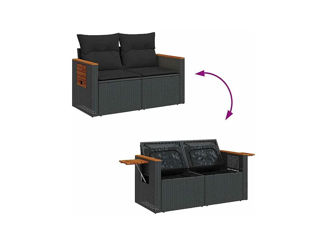 Salon de jardin avec coussins 9 pcs noir résine tressée acacia