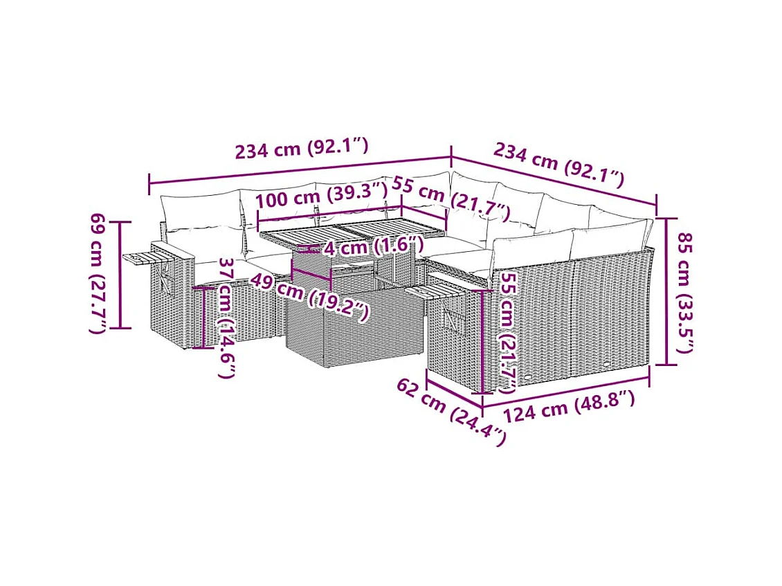 Salon de jardin avec coussins 9 pcs noir résine tressée acacia