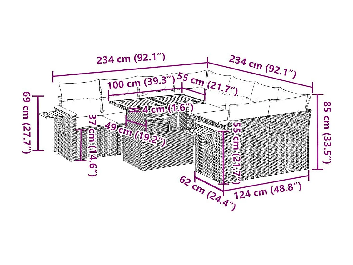Salon de jardin avec coussins 9 pcs noir résine tressée acacia