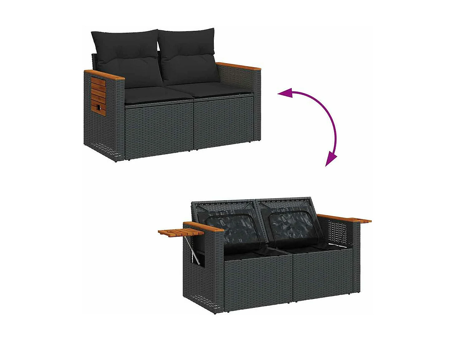 Salon de jardin avec coussins 9 pcs noir résine tressée acacia