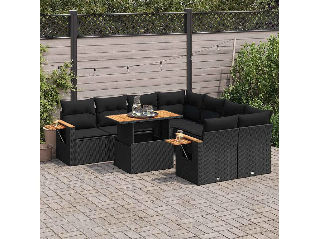 9-delige Loungeset met kussens poly rattan acacia zwart