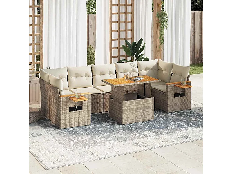 Salon de jardin avec coussins 8 pcs beige résine tressée acacia