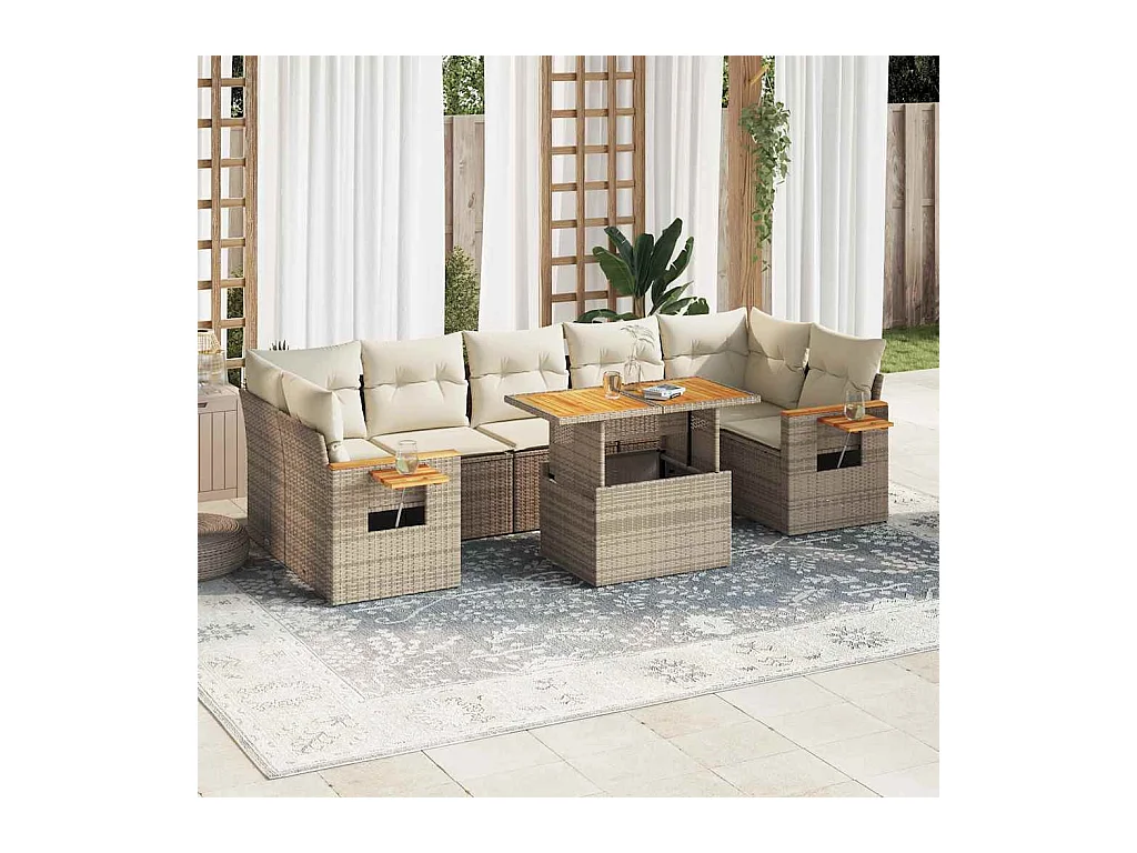 Salon de jardin avec coussins 8 pcs beige résine tressée acacia