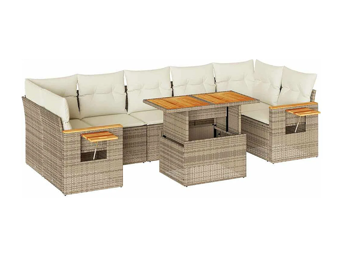 8-tlg. Garten-Sofagarnitur mit Kissen Beige Poly Rattan Akazie