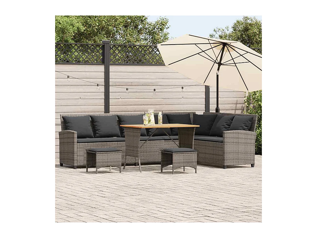 Salon de jardin 4 pcs avec coussins forme L gris résine tressée