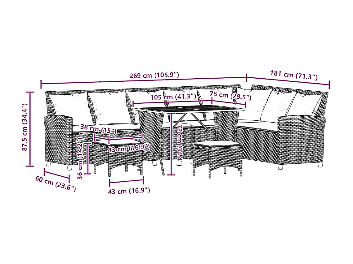 4-tlg. Garten-Sofagarnitur mit Kissen L-Form Grau Poly Rattan