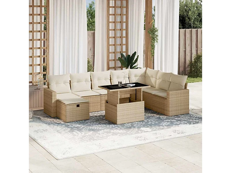 9-tlg. Garten-Sofagarnitur mit Kissen Beige Poly Rattan