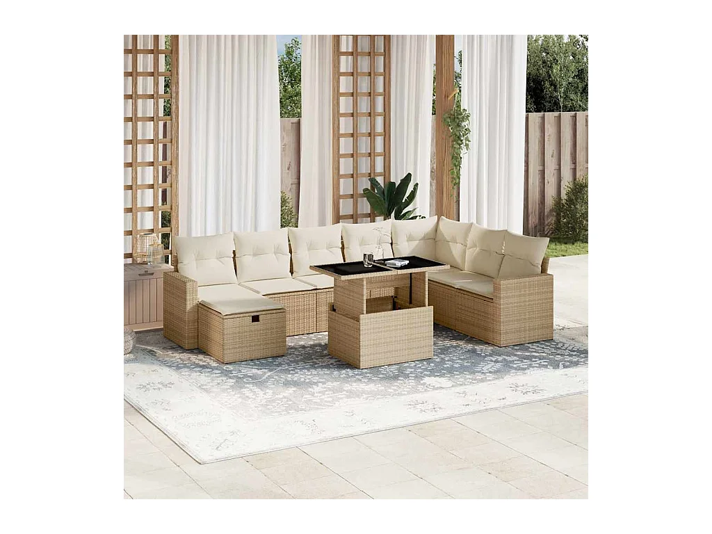 Salon de jardin avec coussins 9 pcs beige résine tressée